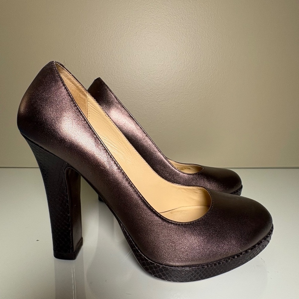 Cole Haan Metallic Bronze Snake-Embossed Platform Heels Size 8